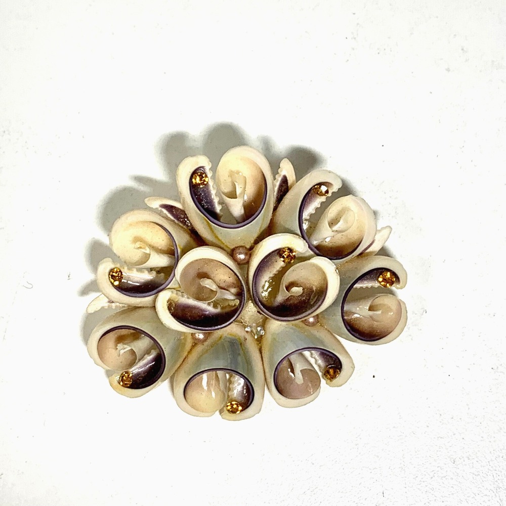Vintage Purple and Cream Cone Seashell and Bead Brooch Pin Nautical Beachy